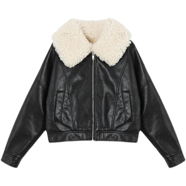 Geacă modernă din piele cu guler în jos