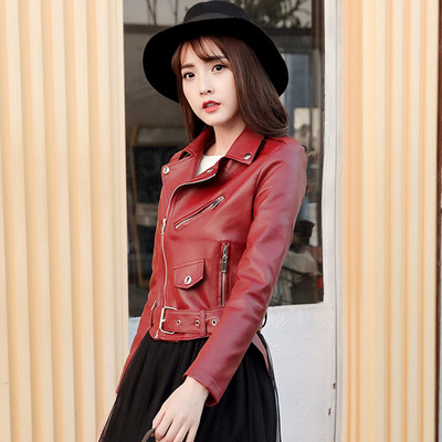 Γυναικείο κοντό έκο δερμάτινο μπουφάν με ζώνη σε πολλά χρώματα