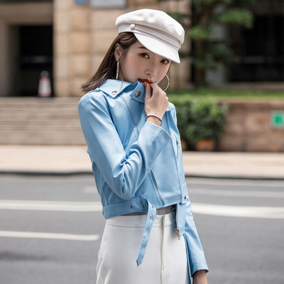 Γυναικείο κοντό έκο δερμάτινο μπουφάν με ζώνη σε πολλά χρώματα