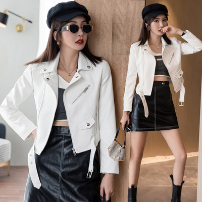 Γυναικείο κοντό έκο δερμάτινο μπουφάν με ζώνη σε πολλά χρώματα