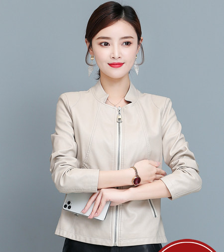 Női műbőr kabát zsebekkel, alacsony gallérral