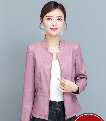 Női műbőr kabát zsebekkel, alacsony gallérral