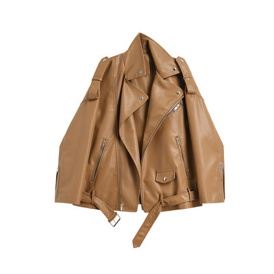 Γυναικείο φαρδύ έκο δερμάτινο τζάκετ με φερμουάρ και κουμπιά