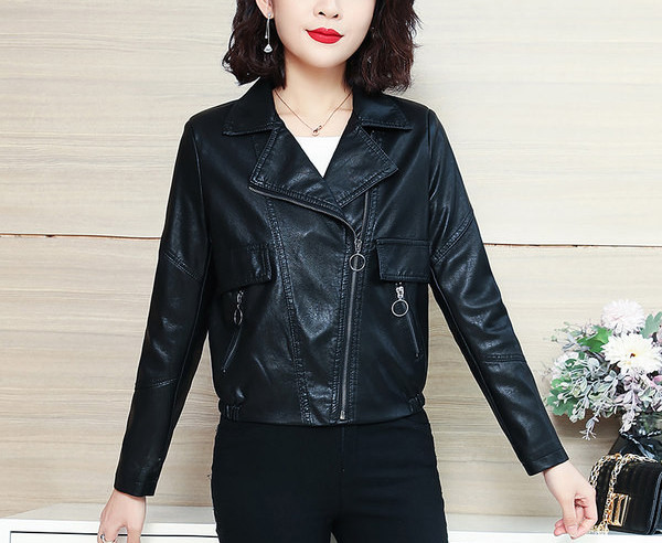 Női bőrdzseki elasztikus - fekete színű