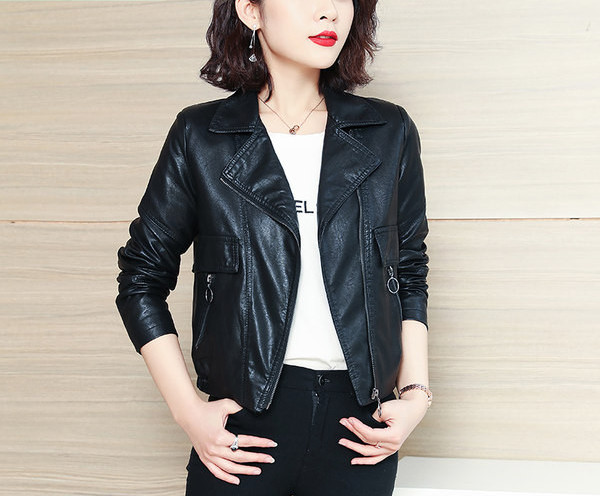 Női bőrdzseki elasztikus - fekete színű