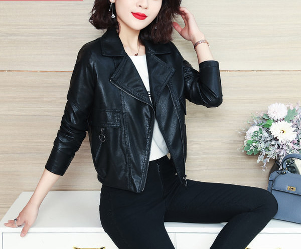 Női bőrdzseki elasztikus - fekete színű