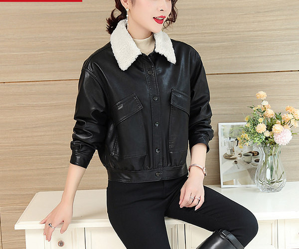 Női bőrdzseki, tológallérral