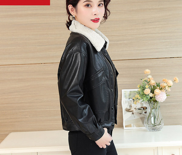 Női bőrdzseki, tológallérral