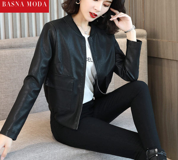 Öko bőrből készült rövid női kabát elasztikus derékkal