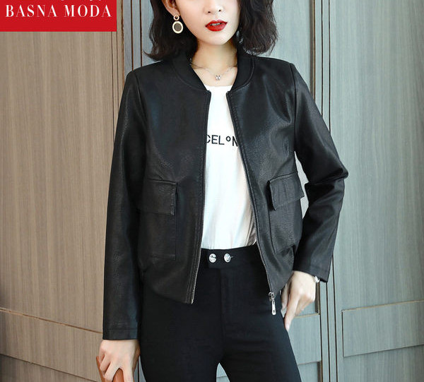 Öko bőrből készült rövid női kabát elasztikus derékkal