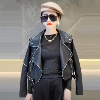 Női alkalmi bőrkabát fekete-fehér színben