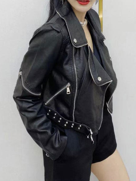 Női alkalmi bőrkabát fekete-fehér színben