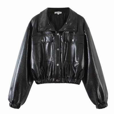 Női bőrdzseki gumival és zsebekkel