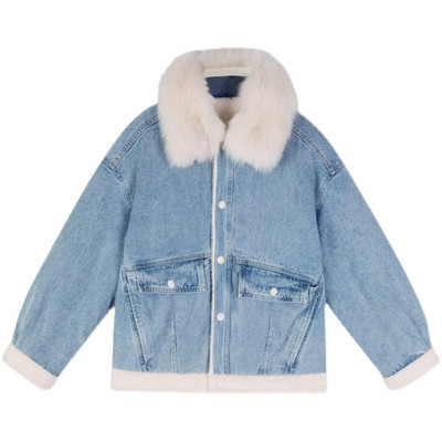 Jachetă de damă din denim cu căptușeală groasă și buzunare