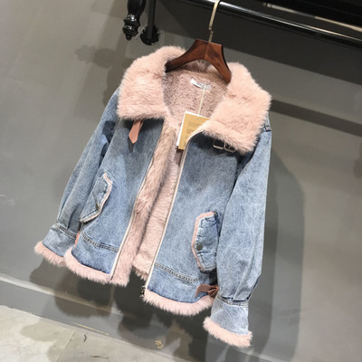 Jacheta de iarna din denim de dama cu captuseala calda - culoare albastra