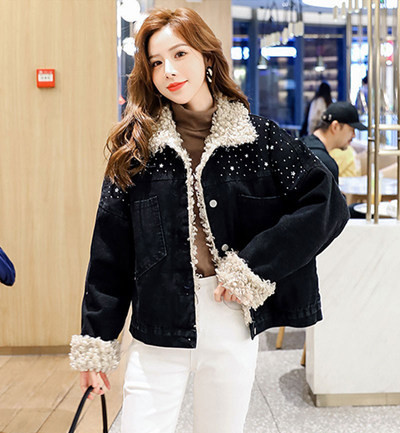 Női farmerdzseki meleg béléssel és kövekkel