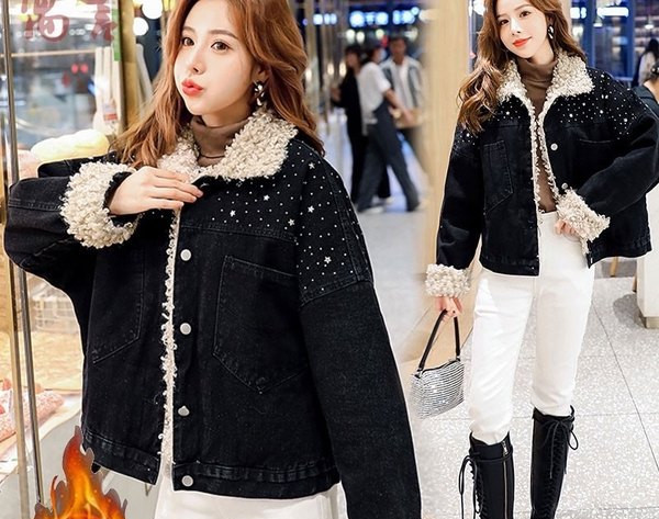 Női farmerdzseki meleg béléssel és kövekkel