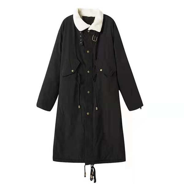 Modern női hosszú kabát meleg béléssel és derékkötővel