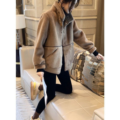 Jacheta de puf de dama cu talie inalta - culoare maro