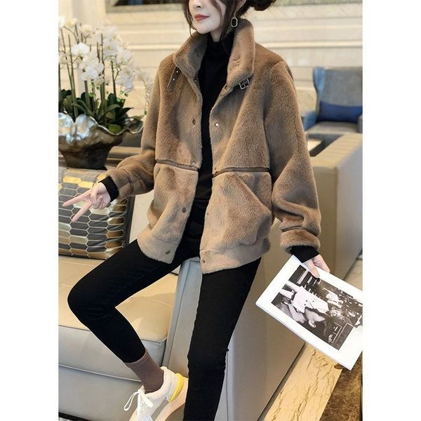 Jacheta de puf de dama cu talie inalta - culoare maro