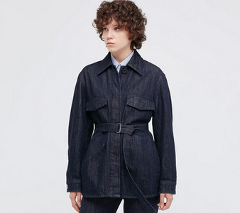 Geaca de dama lunga din denim cu guler si curea clasice
