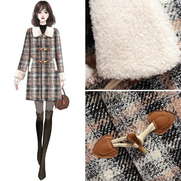 Kockás női kabát gombokkal, meleg béléssel