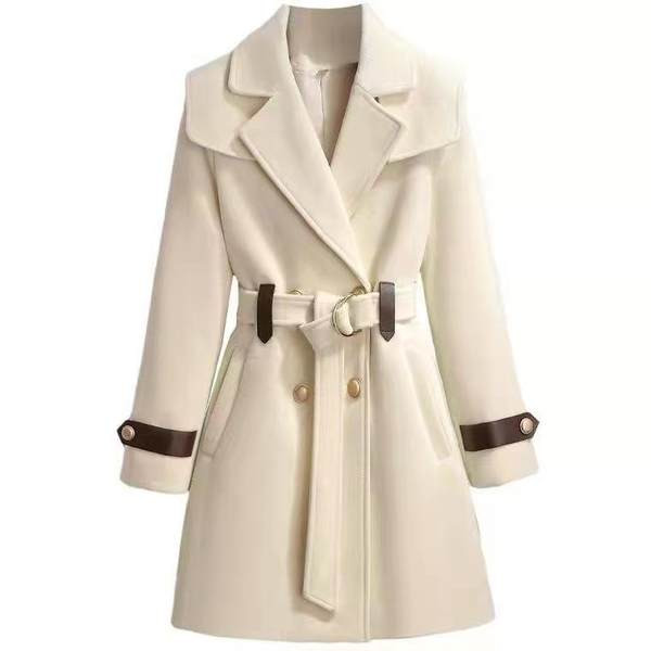 Palton lung de dama cu curea in bej si negru