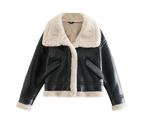 Női rövid kabát vastag bársony béléssel és zsebekkel