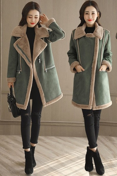 Palton lung de piele intoarsa de dama cu fermoar