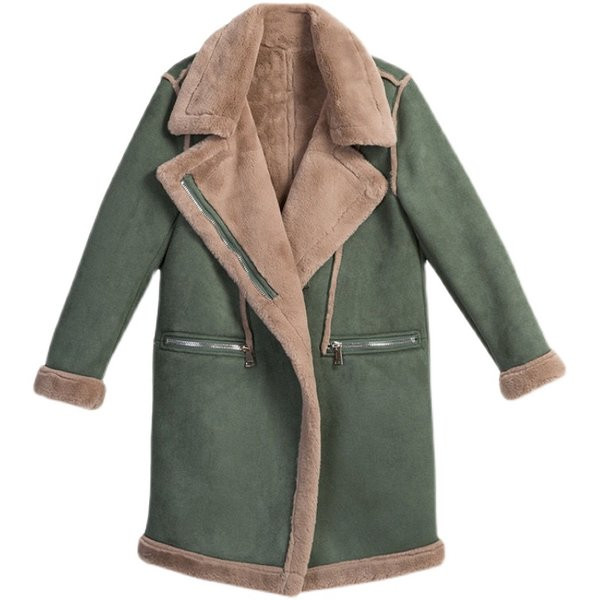 Palton lung de piele intoarsa de dama cu fermoar