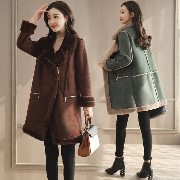 Palton lung de piele intoarsa de dama cu fermoar