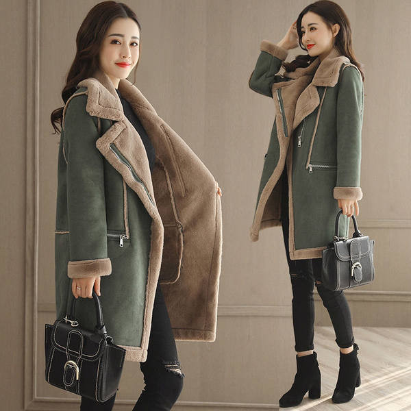 Palton lung de piele intoarsa de dama cu fermoar