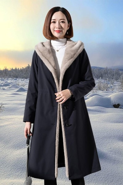 Palton lung de iarnă cu căptușeală caldă din puf și glugă