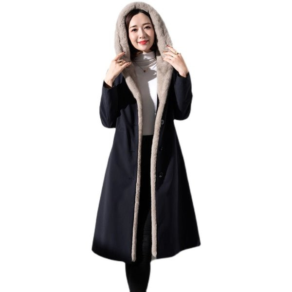 Palton lung de iarnă cu căptușeală caldă din puf și glugă