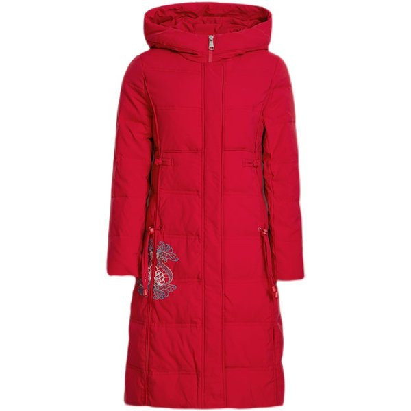 Hosszú női téli kabát kapucnival és hímzéssel