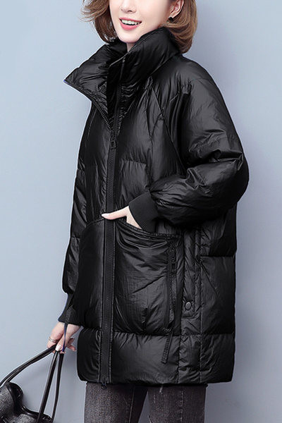 Geaca lunga de dama cu buzunare si guler inalt