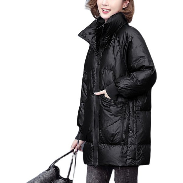 Geaca lunga de dama cu buzunare si guler inalt