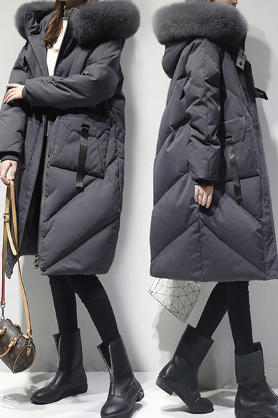 Hosszú női téli kabát, kapucnival