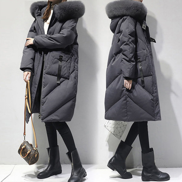 Hosszú női téli kabát, kapucnival