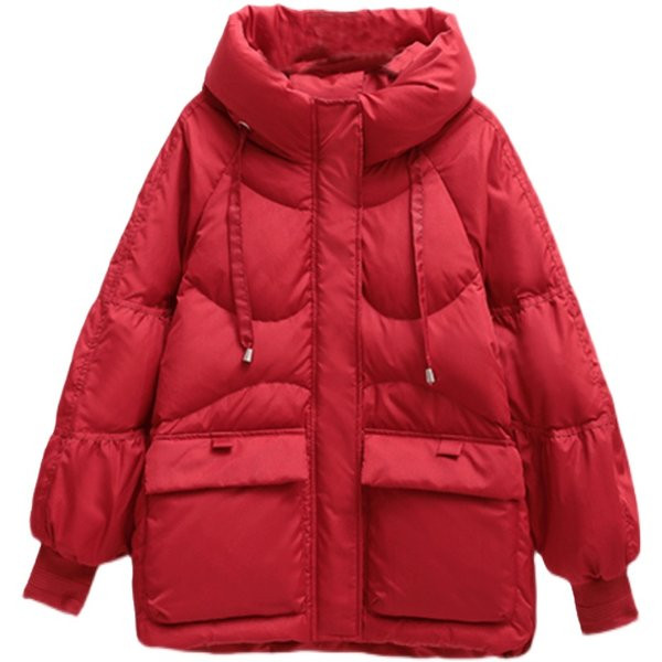 Aszimmetrikus női téli kabát kapucnival piros és fekete színben