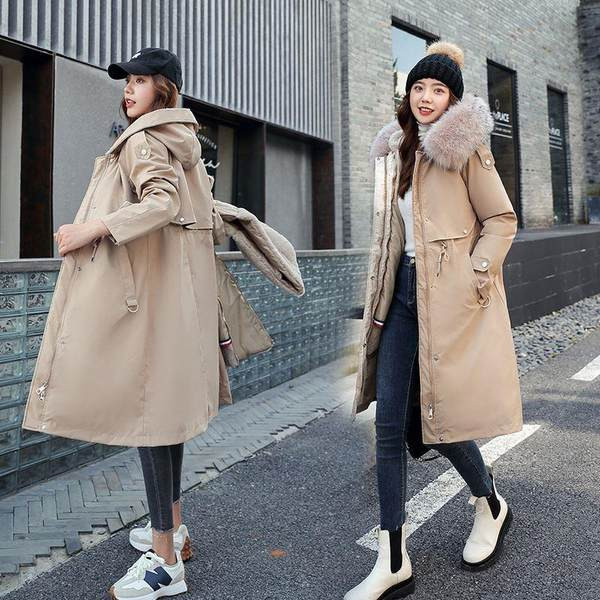 Νέο μοντέλο μακρύ μπουφάν με πούπουλο στην κουκούλα και τσέπες