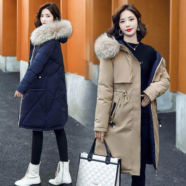 Kéttónusú női téli kabát tollas gallérral