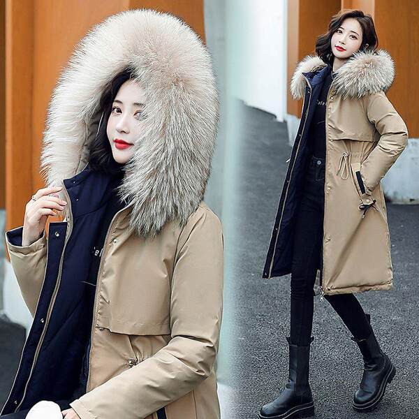 Kéttónusú női téli kabát tollas gallérral