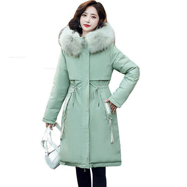 Kéttónusú női téli kabát tollas gallérral