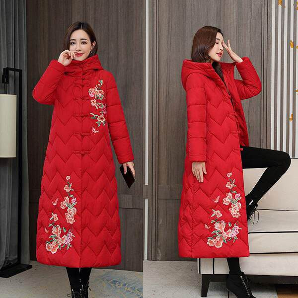 Geaca de iarna lunga de dama cu broderie si gluga