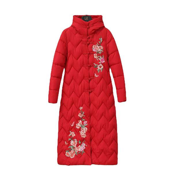 Geaca de iarna lunga de dama cu broderie si gluga