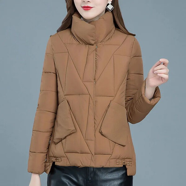 Modern női aszimmetrikus kabát magas gallérral