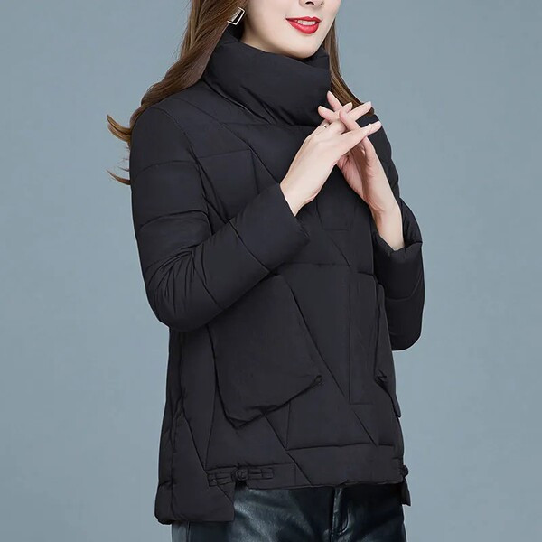 Modern női aszimmetrikus kabát magas gallérral