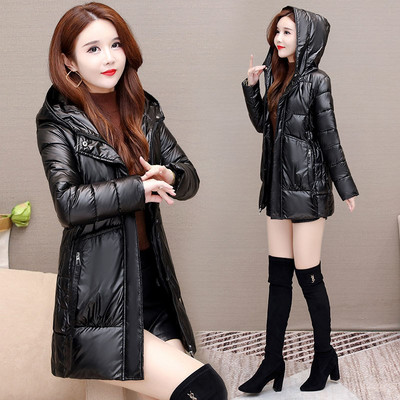 Női testreszabott fényes kabát kapucnival