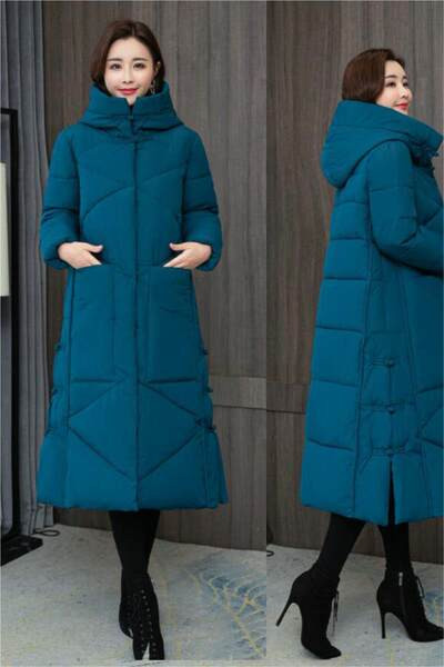 Geaca lunga de dama cu gluga si guler inalt